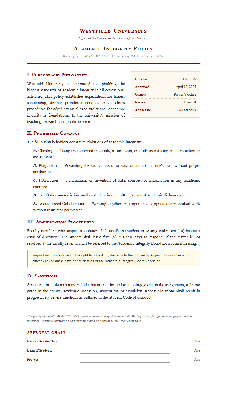 Academic institution policy with scholarly layout